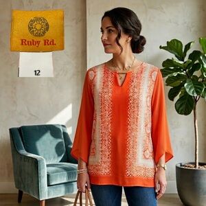 RUBY RD. Women's NWOT Orange White Medallion Lattice Border Print Blouse Size 12